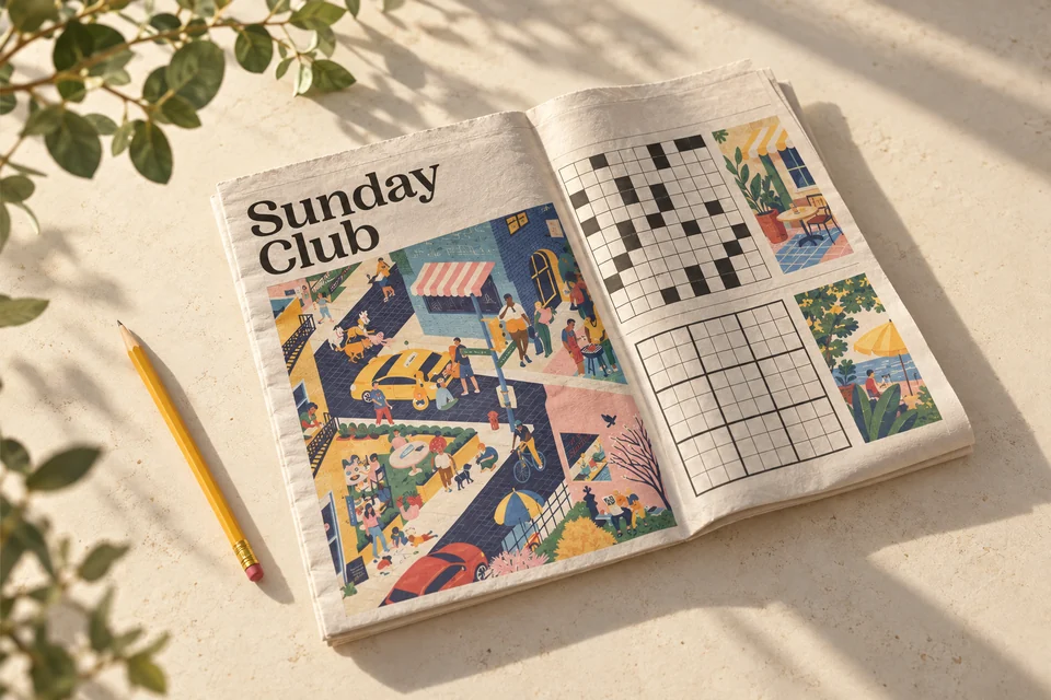 Sunday Club puzzle newspaper open beside a pencil